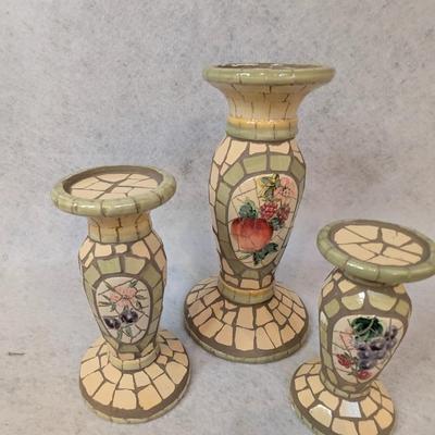 Sale Photo Thumbnail #373: Maxcera Mosaic tile candle holders 
3 pc
hand painted fruit designs
6.5"
8"
10.5"