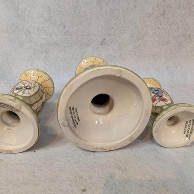Sale Photo Thumbnail #372: Maxcera Mosaic tile candle holders 
3 pc
hand painted fruit designs
6.5"
8"
10.5"