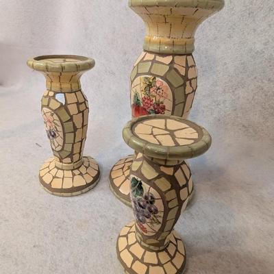 Sale Photo Thumbnail #371: Maxcera Mosaic tile candle holders 
3 pc
hand painted fruit designs
6.5"
8"
10.5"