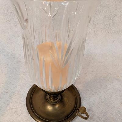 Sale Photo Thumbnail #378: Vintage glass hurricane candle holder w/brass finish base 
10x5
glass- 4.5" wide