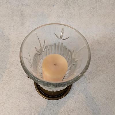 Sale Photo Thumbnail #379: Vintage glass hurricane candle holder w/brass finish base 
10x5
glass- 4.5" wide
