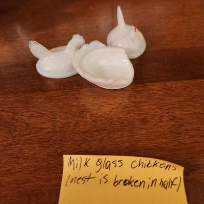 Milk glass chickens (nest is broken in half)