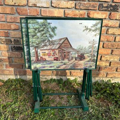 Set of 4 Folding TV Tray Tables – Vintage Gas Station & Coca-Cola Artwork – Metal Fram