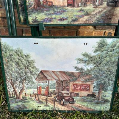 Set of 4 Folding TV Tray Tables – Vintage Gas Station & Coca-Cola Artwork – Metal Fram