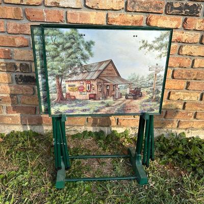 Set of 4 Folding TV Tray Tables – Vintage Gas Station & Coca-Cola Artwork – Metal Fram