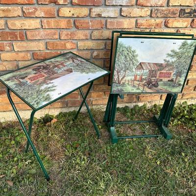 Set of 4 Folding TV Tray Tables – Vintage Gas Station & Coca-Cola Artwork – Metal Fram
