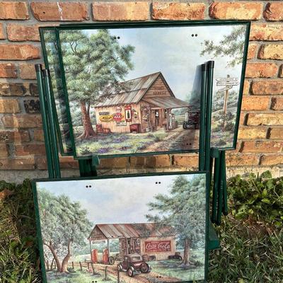Set of 4 Folding TV Tray Tables – Vintage Gas Station & Coca-Cola Artwork – Metal Fram