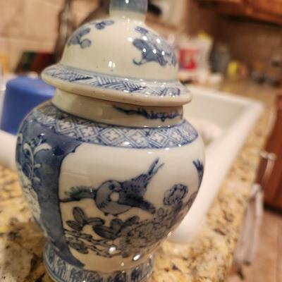 Floral w/ birds blue china jar