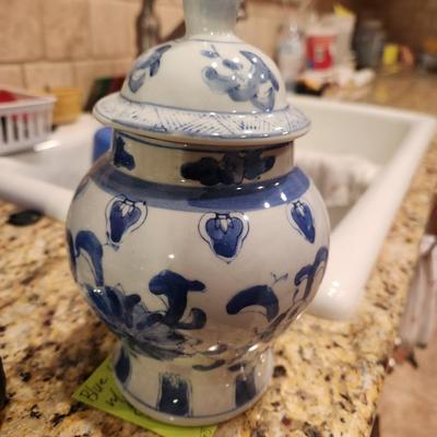 Blue china jar w/ lid