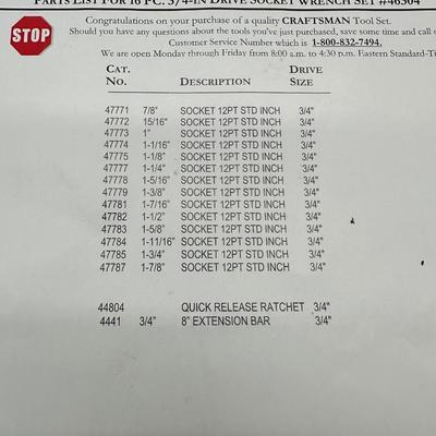 Craftsman 3/4in Ratchet / Socket Set