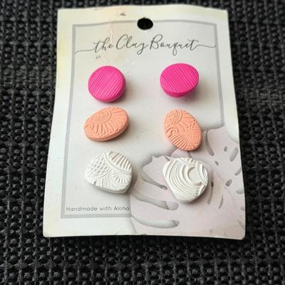 "The Clay Banquet" polymer clay stud earrings, handmade with aloha.