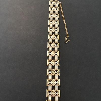 Sale Photo Thumbnail #168: Vintage gold tone Spanish Damascene link Bracelet with mother of Pearl Type inlay please see attached pictures