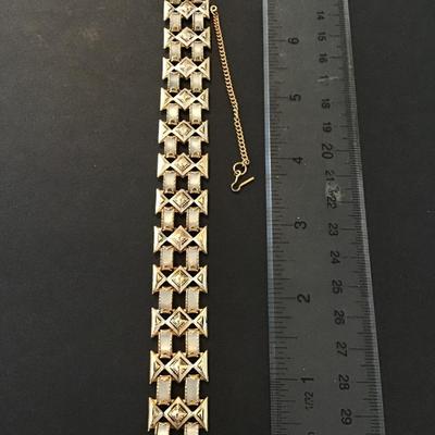 Sale Photo Thumbnail #169: Vintage gold tone Spanish Damascene link Bracelet with mother of Pearl Type inlay please see attached pictures