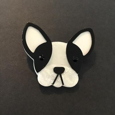 Sale Photo Thumbnail #204: Black and white layered lucite French bulldog brooch Please see attached pictures