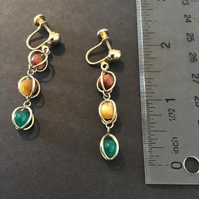 Sale Photo Thumbnail #216: Vintage Gold Tone Screw back drop earrings with multi colored stone beads Please see attached pictures