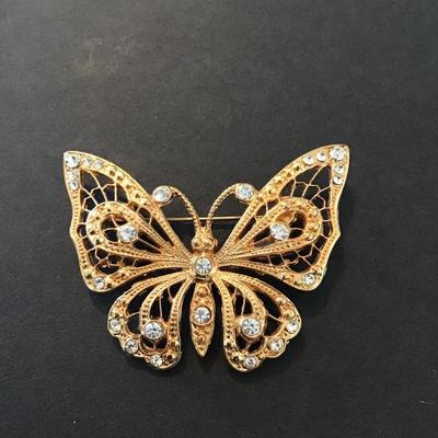 Sale Photo Thumbnail #230: Beautiful Vintage Gold Tone Butterfly Brooch with Rhinestones Please see attached pictures