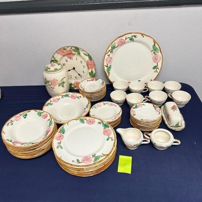 Sale Photo Thumbnail #14: Metlix Camelia Dish Set
53 pieces including
Clock
Charger Plate
Biscuit Jar
Serving bowl
8 Dinner Plates
8 Soup Bowls
8 Berry Bowls
8 Cups
8 Saucers
7 Bread Plates
Butter Dish