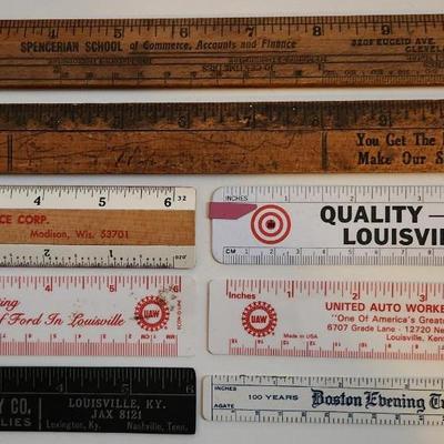 Sale Photo Thumbnail #443: This lot is for a Dynasty of Rulers.  This is a grouping of 8 Vintage Rulers from many places. One is a Quality item from the International Harvester Plant in Louisville, two are from the Ford plant in Louisville, another is advertising the Boston Evening