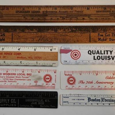 Sale Photo Thumbnail #446: This lot is for a Dynasty of Rulers.  This is a grouping of 8 Vintage Rulers from many places. One is a Quality item from the International Harvester Plant in Louisville, two are from the Ford plant in Louisville, another is advertising the Boston Evening
