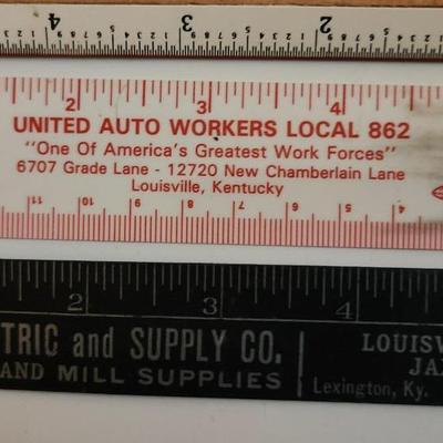 Sale Photo Thumbnail #448: This lot is for a Dynasty of Rulers.  This is a grouping of 8 Vintage Rulers from many places. One is a Quality item from the International Harvester Plant in Louisville, two are from the Ford plant in Louisville, another is advertising the Boston Evening