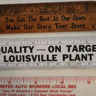 Sale Photo Thumbnail #444: This lot is for a Dynasty of Rulers.  This is a grouping of 8 Vintage Rulers from many places. One is a Quality item from the International Harvester Plant in Louisville, two are from the Ford plant in Louisville, another is advertising the Boston Evening