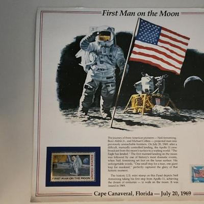 Sale Photo Thumbnail #451: This lot is for a copy of the First Man on The Moon Stamp Poster that has also been stamped and posted (1988) as a First Day Commemorative Issue.  Neil Armstrong made contact with the moon surface in 1969.  A rare and nice historical find.  Perfect for fr