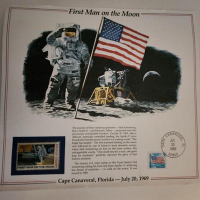Sale Photo Thumbnail #452: This lot is for a copy of the First Man on The Moon Stamp Poster that has also been stamped and posted (1988) as a First Day Commemorative Issue.  Neil Armstrong made contact with the moon surface in 1969.  A rare and nice historical find.  Perfect for fr
