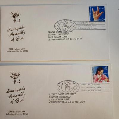 Sale Photo Thumbnail #454: This lot is for a pair of Sign Language Stamp - First Day Covers.  These stamps issued in 1993 were sent to the Sunnyside Assembly of God Church in Jeffersonville, IN - which at that time had a special outreach to the deaf community.  A nice find for the 