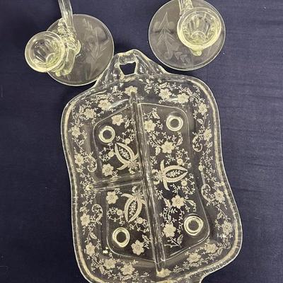 Sale Photo Thumbnail #23: Beautiful lot of
2 candle Holders
Etched glass Plate