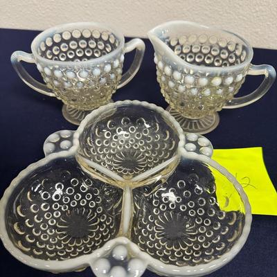 Sale Photo Thumbnail #26: Anchor Hocking Moonglow/Moonstone Set
Creamer
Sugar Bowl
3 section Dish