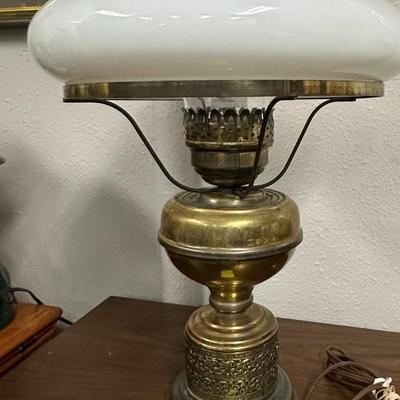 Sale Photo Thumbnail #90: Brass base lamp with white glass top