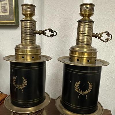 Sale Photo Thumbnail #94: Pair of brass & black decor lamps