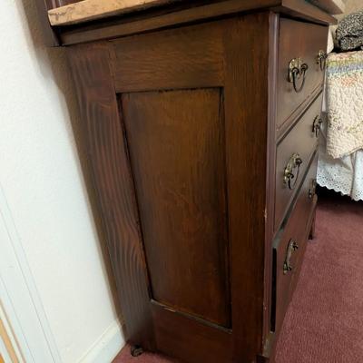 Sale Photo Thumbnail #12: Vintage walnut marble top dresser 
missing mirror, otherwise in excellent condition 
52" high
29 1/2" from floor to marble top 
30" wide
14" deep