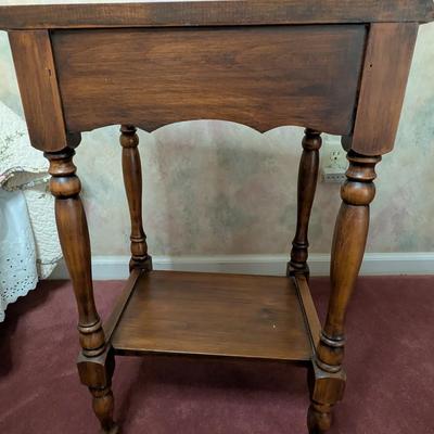 Sale Photo Thumbnail #7: Vintage Ethan Allen Maple two tier Side Table w/ drawer 
Great condition 
26x16x13