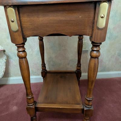 Sale Photo Thumbnail #5: Vintage Ethan Allen Maple two tier Side Table w/ drawer 
Great condition 
26x16x13