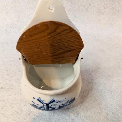 Sale Photo Thumbnail #388: Vintage Teleflora Delft Blue and white ceramic salt box w/ wood lid 
7x5x3