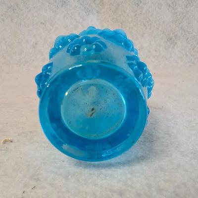 Sale Photo Thumbnail #409: Vintage Miniature Blue Glass Oil Lamp 
Embossed Floral or petal pattern base 
8.5 x 3