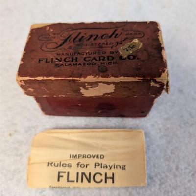 Sale Photo Thumbnail #445: Vintage Flinch Playing cards in box w/ manual 
standard sixed playing cards 
box measures: 4x2