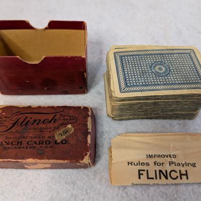Sale Photo Thumbnail #447: Vintage Flinch Playing cards in box w/ manual 
standard sixed playing cards 
box measures: 4x2