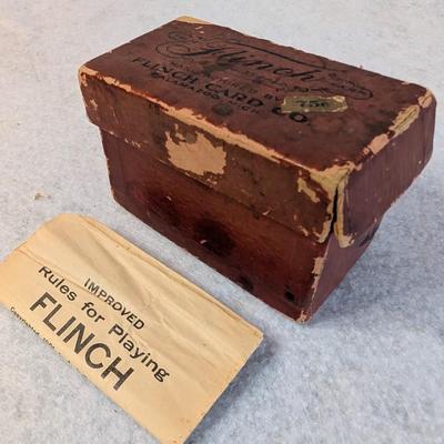 Sale Photo Thumbnail #448: Vintage Flinch Playing cards in box w/ manual 
standard sixed playing cards 
box measures: 4x2