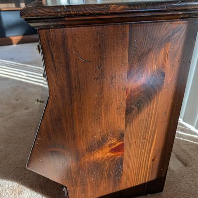 Sale Photo Thumbnail #26: Vintage Ethan Allen Old Tavern Pine Storage Side Table w/ Mahogany Finish 
excellent condition 
24x 28 x 15