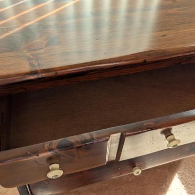 Sale Photo Thumbnail #27: Vintage Ethan Allen Old Tavern Pine Storage Side Table w/ Mahogany Finish 
excellent condition 
24x 28 x 15