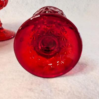 Sale Photo Thumbnail #480: Set of 12 LE Smith Moon and Stars Ruby Red Goblets 
heavy glass
6 Goblets 6 x 3.5
6 Goblets 4.5 x 2.5