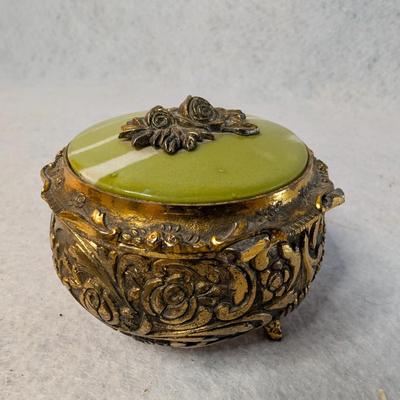 Sale Photo Thumbnail #509: Vintage Gold Toned Metal Jewelry Box/Music Box w Intricate Rose Detailing 
2.5 x 4
tested-works