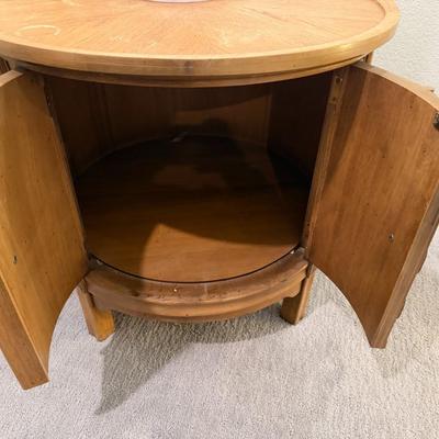 Vintage MCM Thomasville Round Drum End Table w/ travertine Top