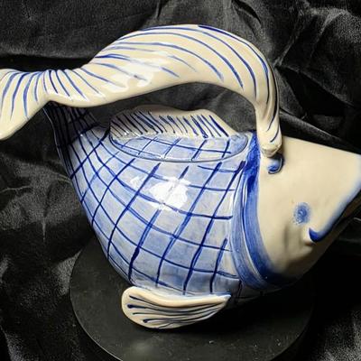 Blue Sky Clayworks Diane Fish Teapot – Hand-Painted Blue & White Ceramic Collectible