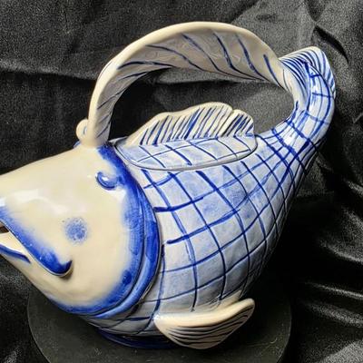 Blue Sky Clayworks Diane Fish Teapot – Hand-Painted Blue & White Ceramic Collectible