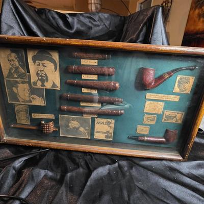 Vintage Mid-Century Cigar & Pipe Memorabilia Shadow Box Display | Half Corona Robusto Cordoba Cigars | Sherlock Holmes Labels | Corn...