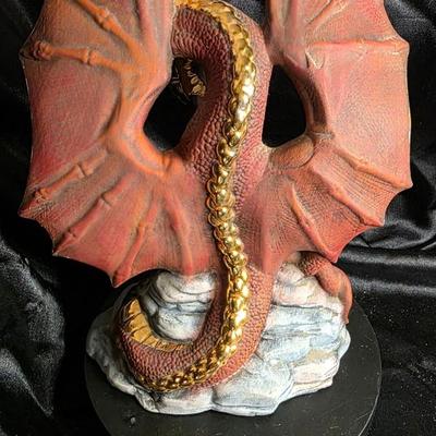 Vintage Red Dragon Resin Figurine with Gold Accents - Mythical Guardian on Rock Base
