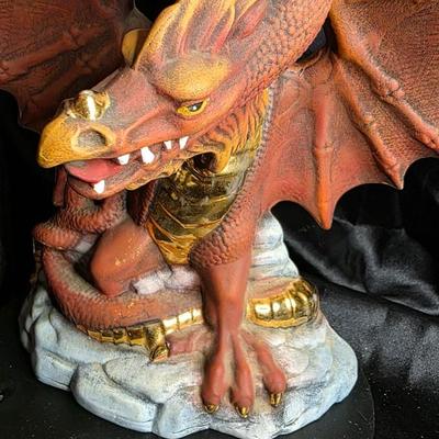 Vintage Red Dragon Resin Figurine with Gold Accents - Mythical Guardian on Rock Base
